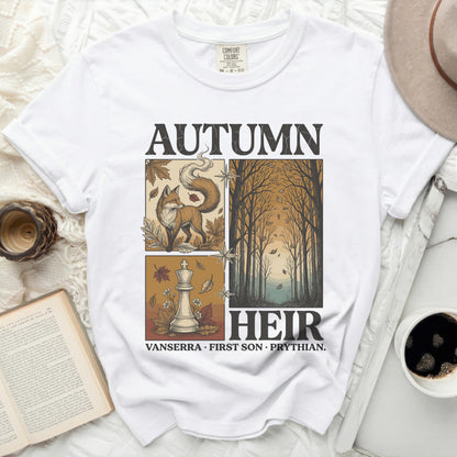 White t-shirt with "Autumn Heir" graphic featuring a fox, chess piece, and trees.