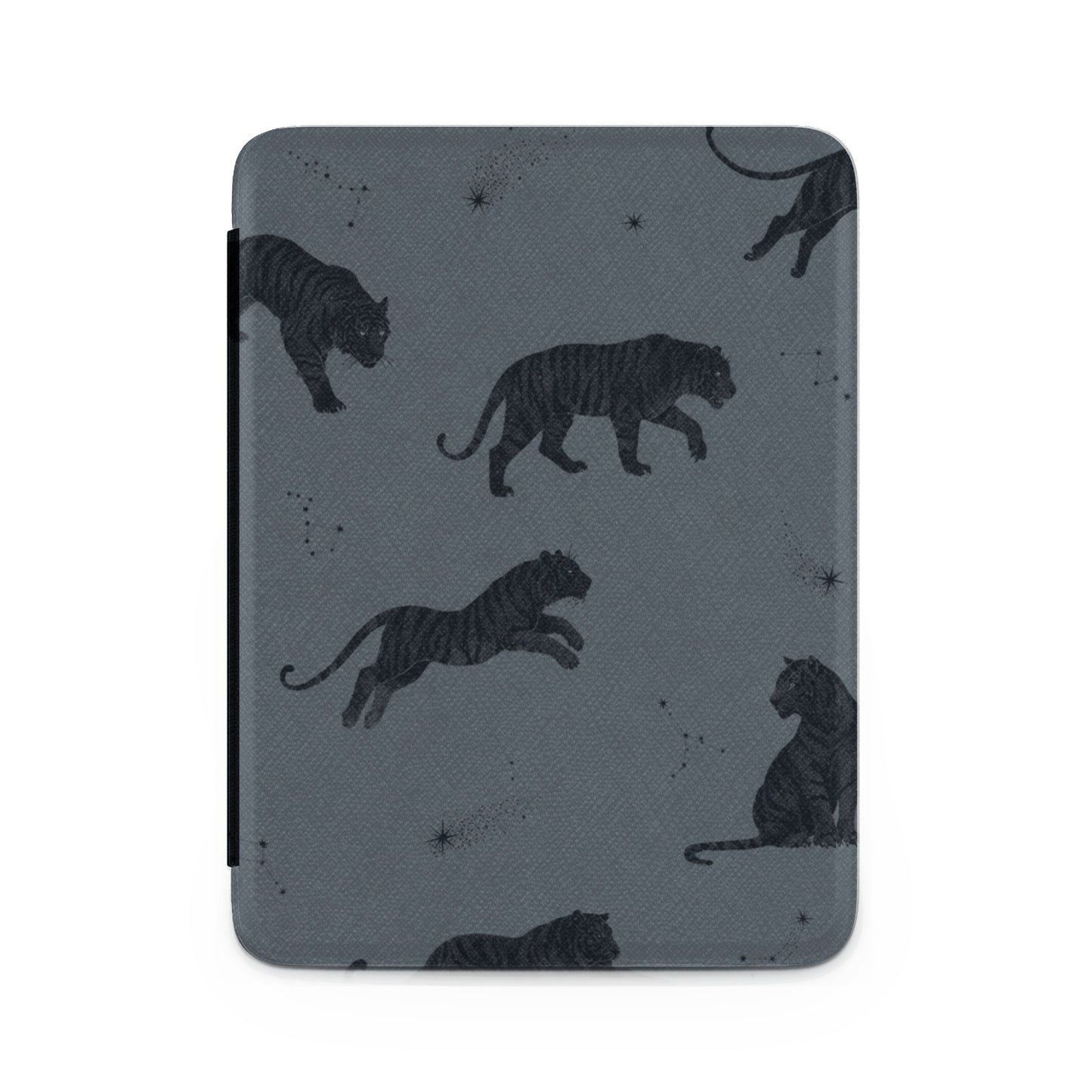 Dark grey case with a pattern of black tigers and constellations on a textured background.