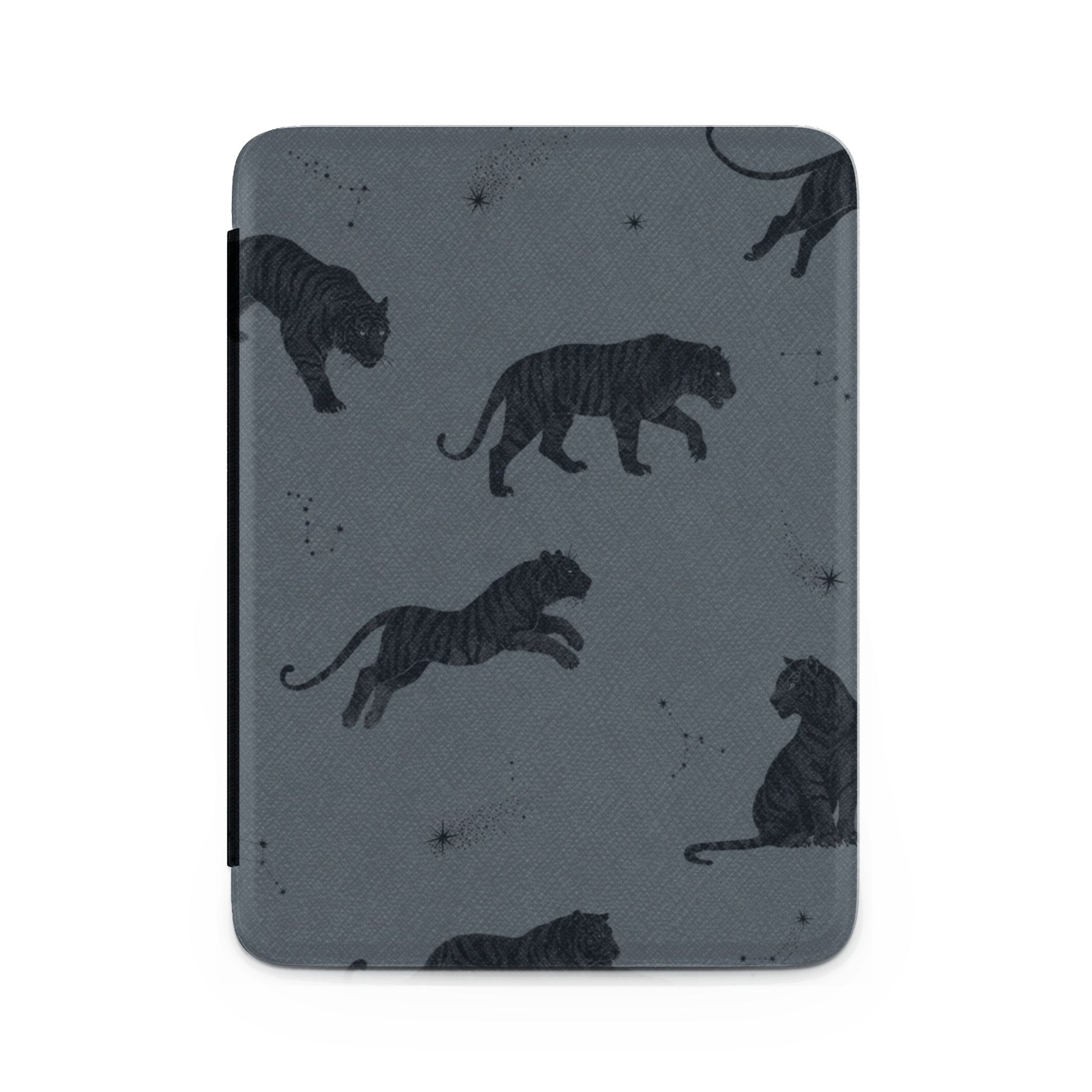Dark grey case with a pattern of black tigers and constellations on a textured background.