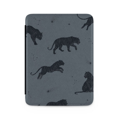 Dark grey case with a pattern of black tigers and constellations on a textured background.