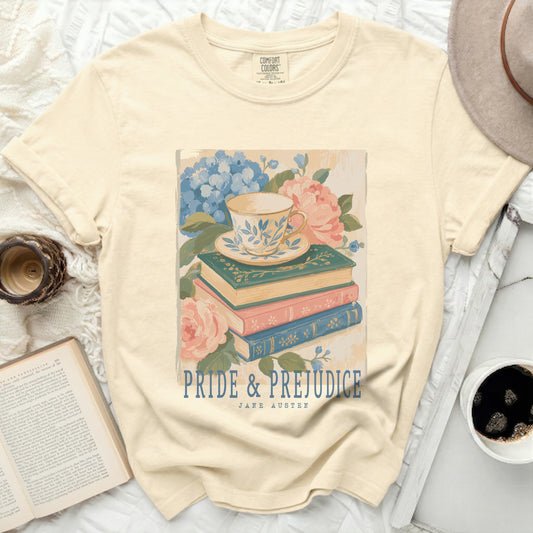 Cream t-shirt with Pride and Prejudice book and teacup graphic.