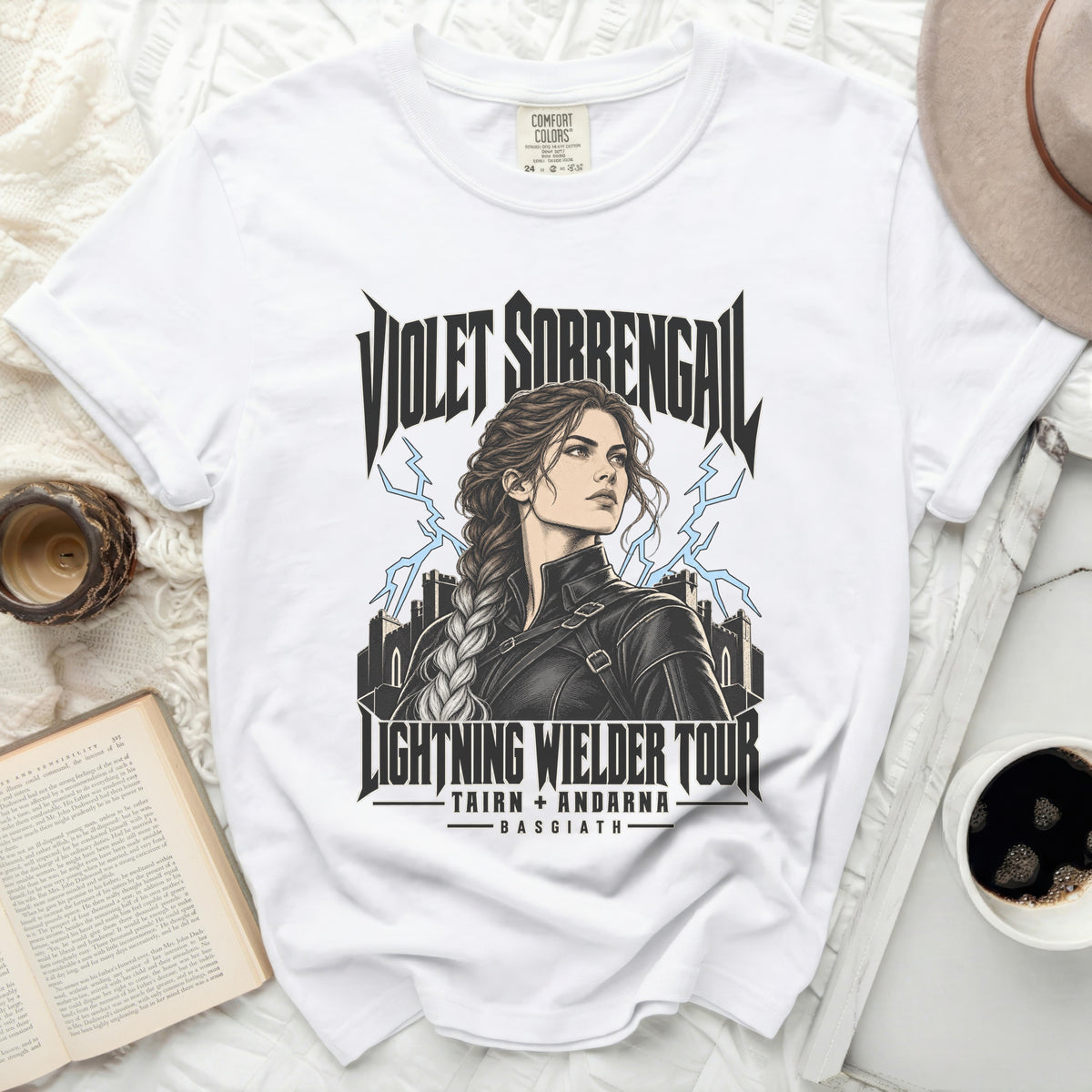 White t-shirt with Violet Sorrengal Lightning Wielder Tour graphic.