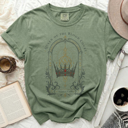 T-shirt with "Queen of the Blood Court Zilvaren" crown design.