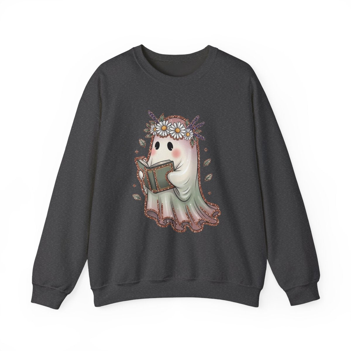 Cute Ghost Reading a Book with Flower Crown Graphic Sweatshirt - MagicMerchEmporium
