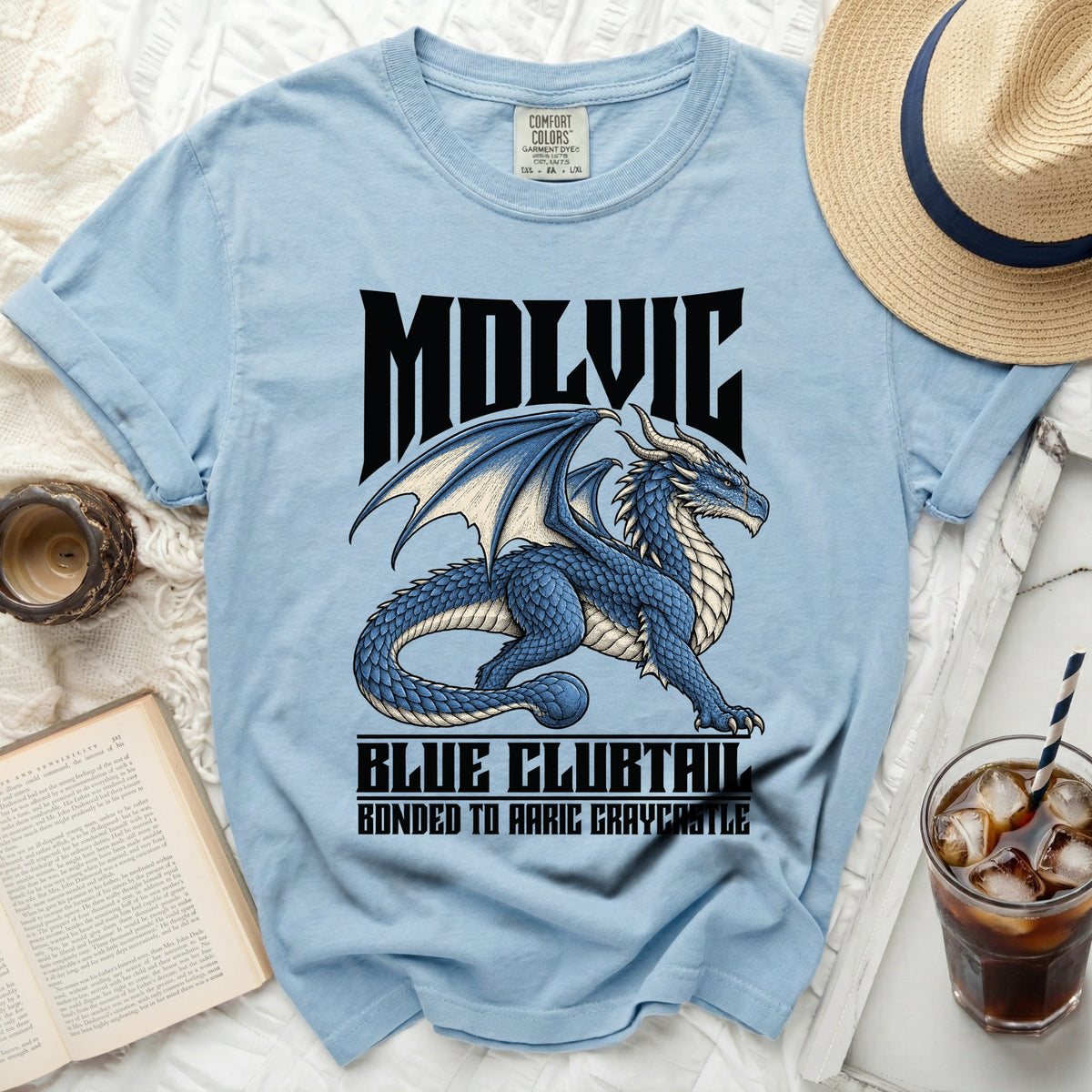 Light blue t-shirt with a blue dragon graphic and text "MOLVIC BLUE CLUBTAIL BONDED TO AARIC GRAYCASTLE".