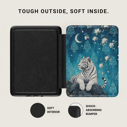 Case with black textured exterior and white tiger art, "TOGH OUTSIDE, SOFT INSIDE."