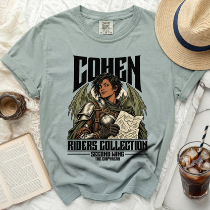 T-shirt with "COHEN RIDERS COLLECTION SECOND WING THE EMPYREAN" and winged figure graphic.
