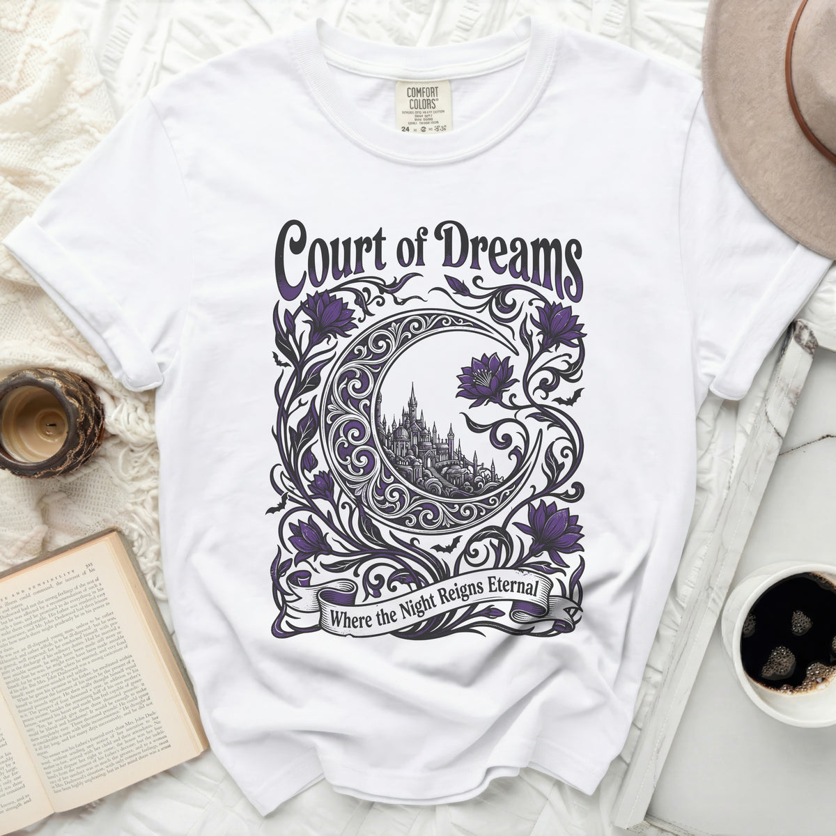 White t-shirt with purple "Court of Dreams" and moon castle graphic.