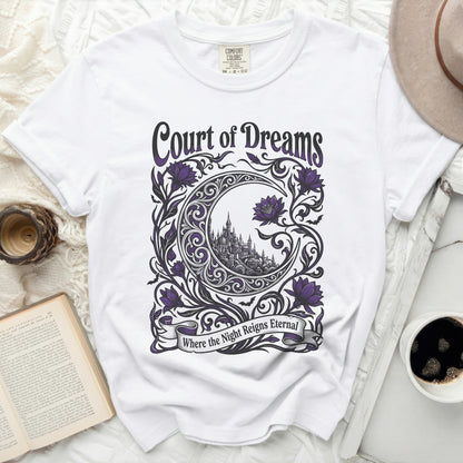 White t-shirt with purple "Court of Dreams" and moon castle graphic.