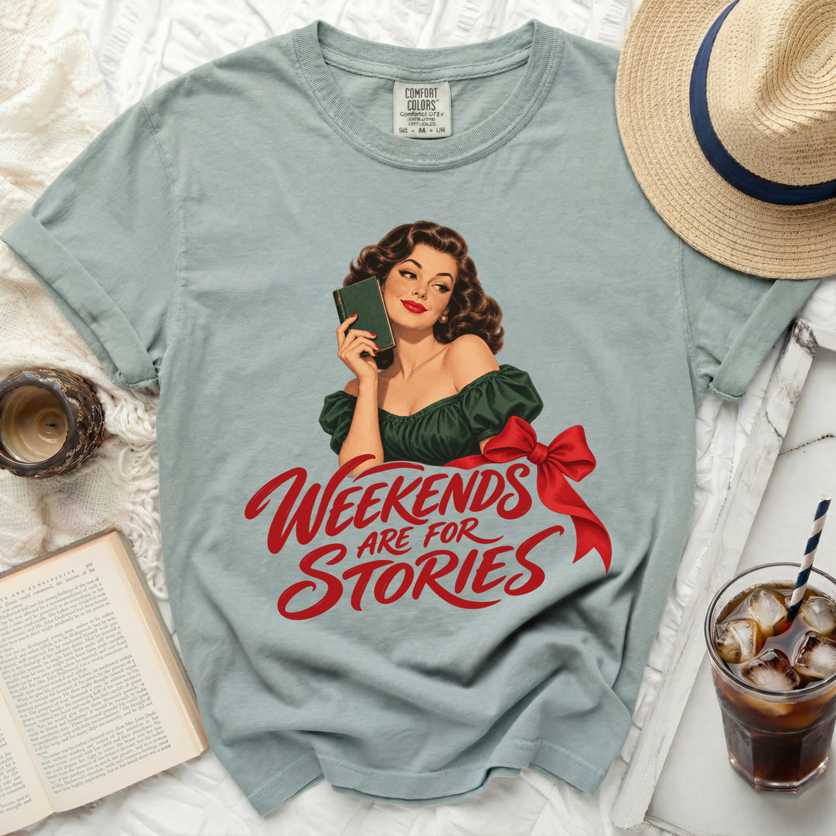 Vintage style illustration with retro woman and text "Weekends Are For Stories".