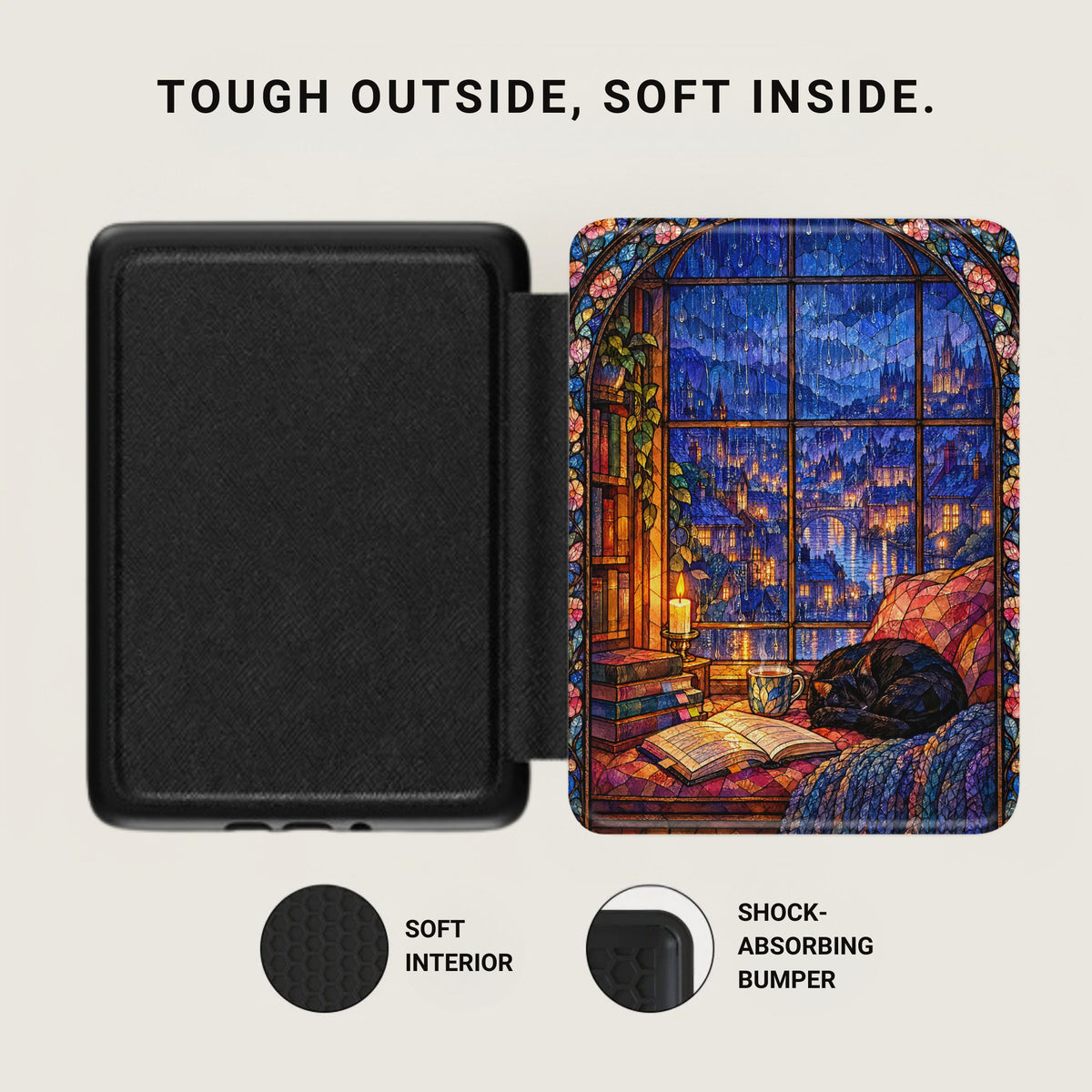Open e-reader case displaying a black interior on the left and a stained-glass style fantasy window scene on the right.