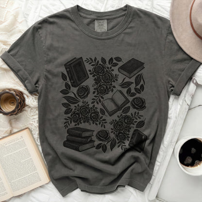 Dark gray t-shirt with a black graphic of books and roses.