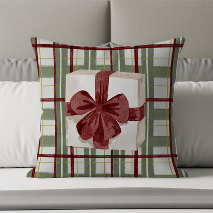 Festive Plaid Pillow with Wrapped Gift Design