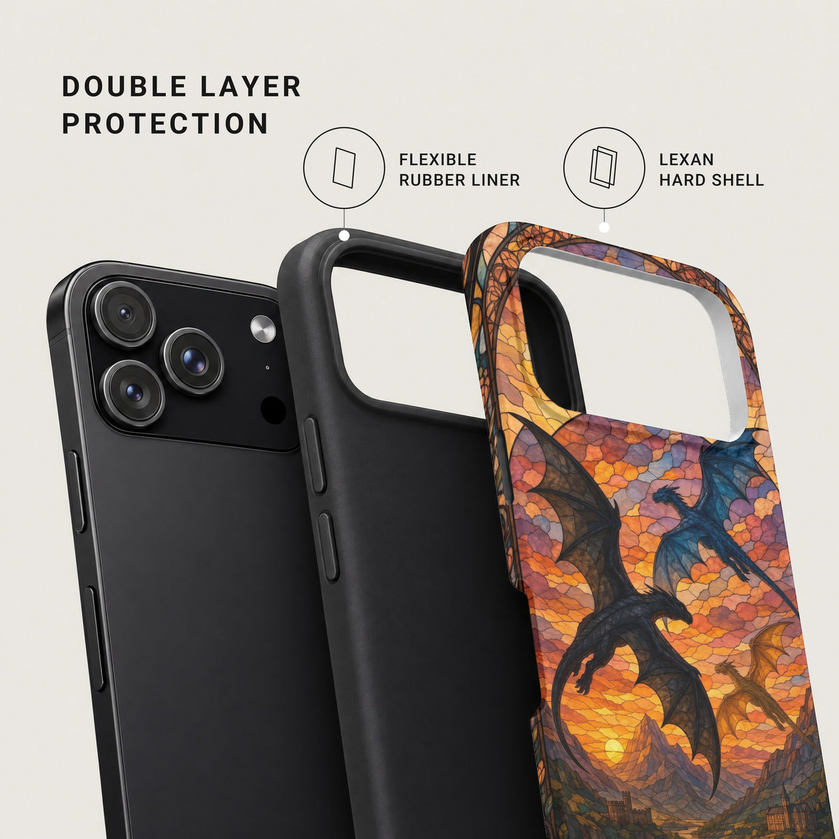 A smartphone shown alongside a double layer phone case with a flexible rubber liner and hard shell.