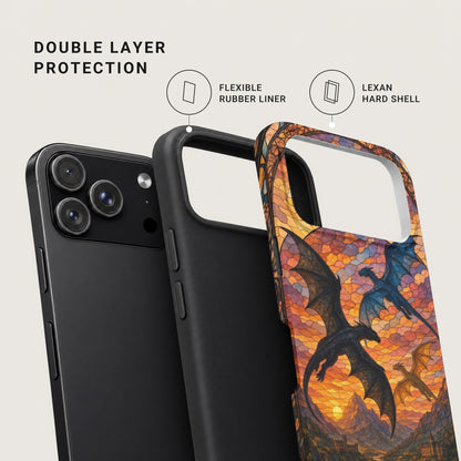 A smartphone shown alongside a double layer phone case with a flexible rubber liner and hard shell.