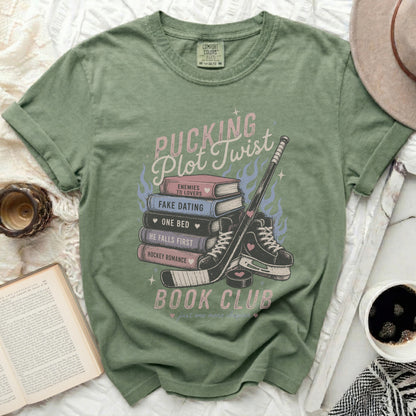 Book club graphic with puckering plot twist, books, hockey skates, and club.