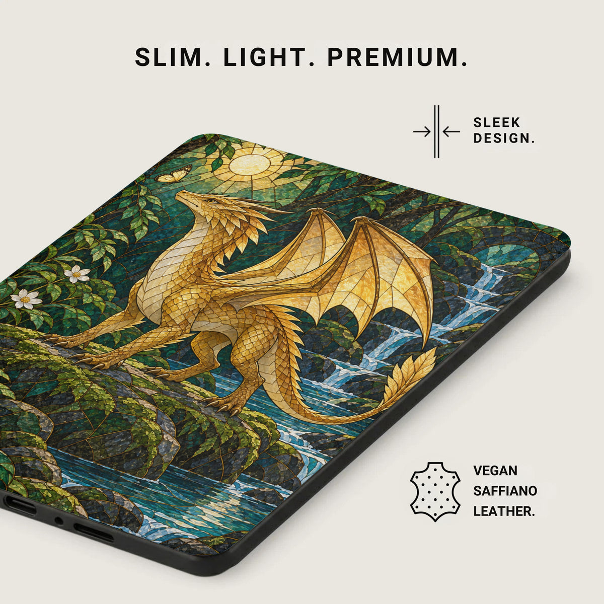Gold dragon in stained glass style on a phone case with waterfall and butterfly.