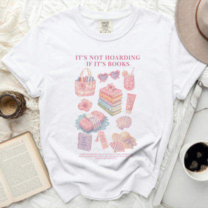 White t-shirt with "IT'S NOT HOARDING IF IT'S BOOKS" and beach reading graphics.