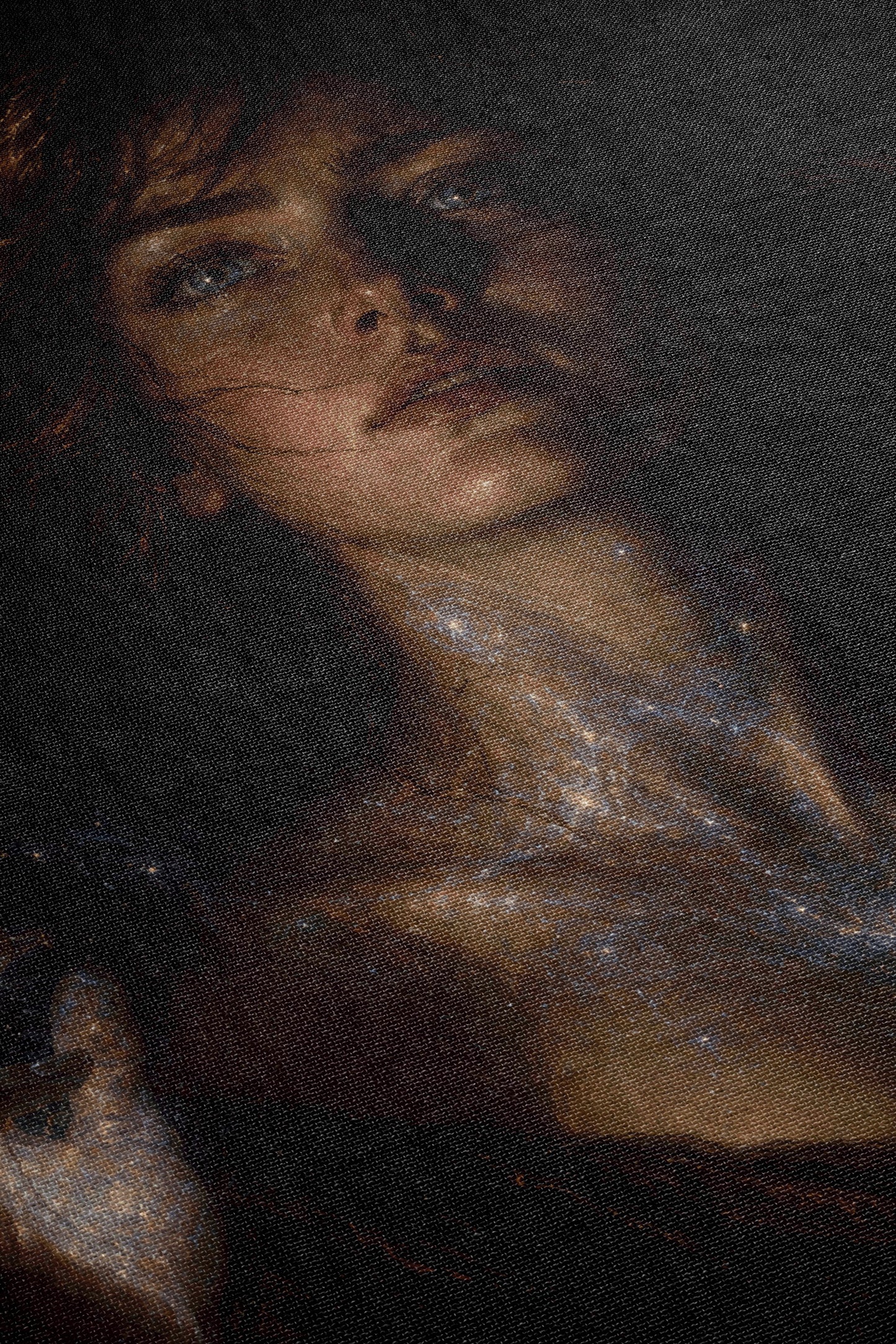 The image is a close-up portrait of a woman with a pensive expression, her face partially obscured by shadows.