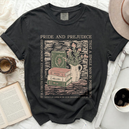 Dark t-shirt with "Pride and Prejudice" book graphic and quote.