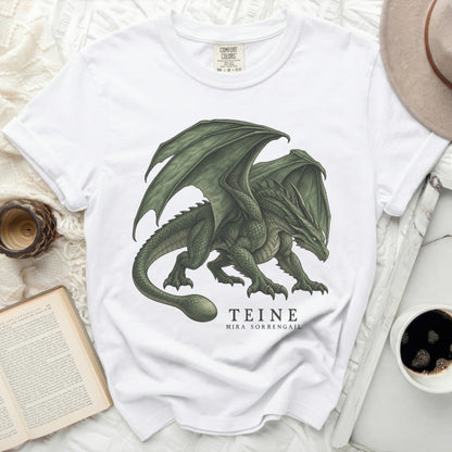 White t-shirt with a green dragon graphic and text "TEINE MIRA SORRENGAIL".