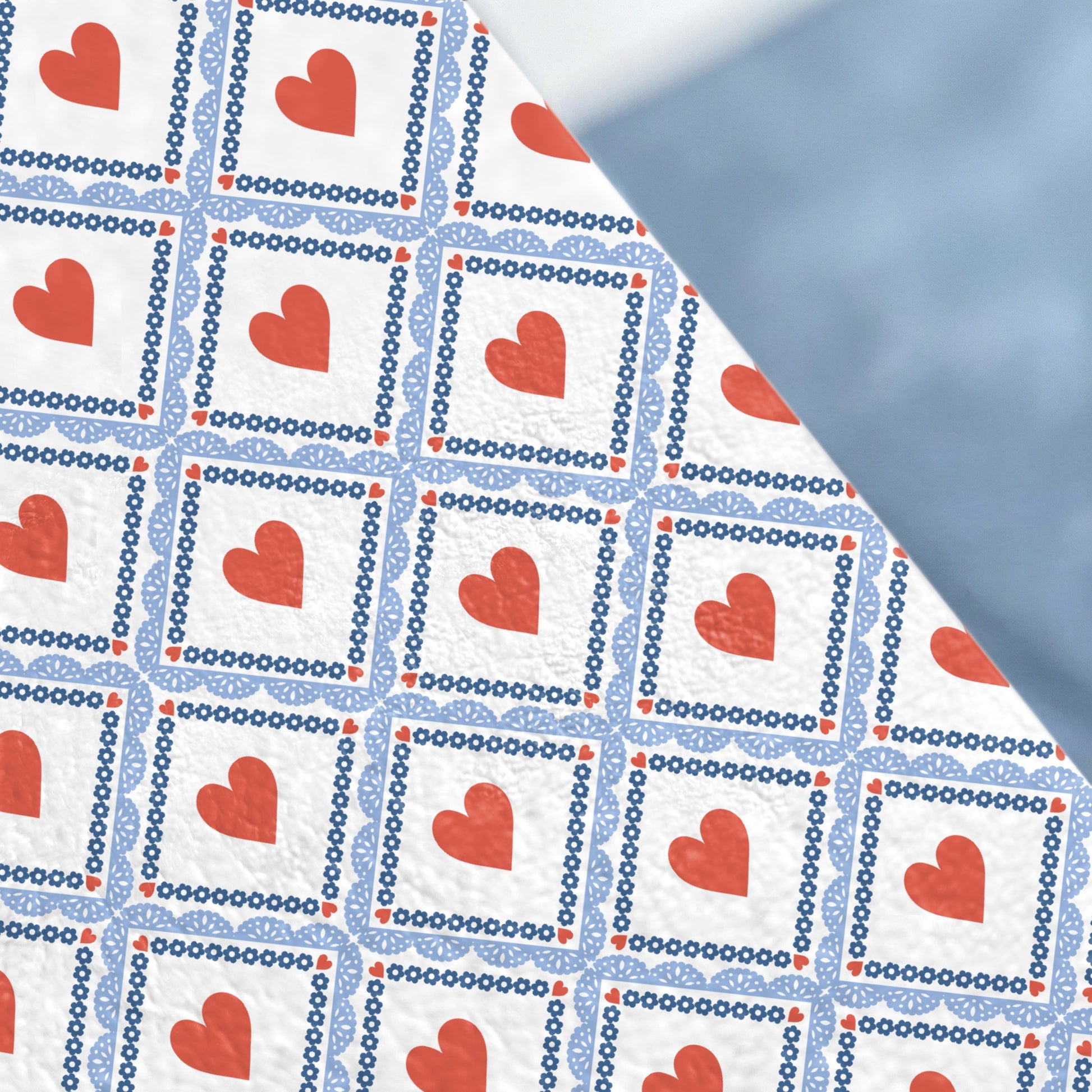 Red Hearts Pattern on Blue and White Background Product