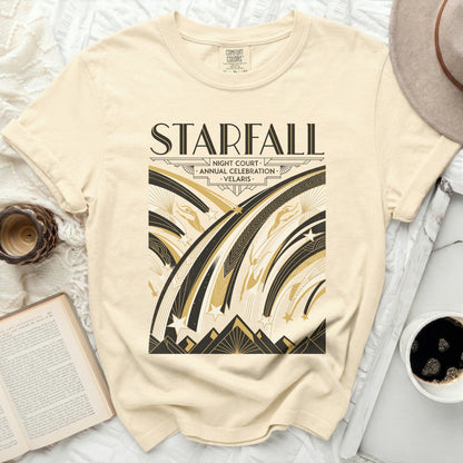 Cream t-shirt with "STARFALL NIGHT COURT ANNUAL CELEBRATION VELARIS" graphic.