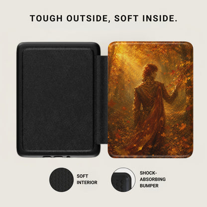 Black case with ornate figure artwork in an autumn forest.