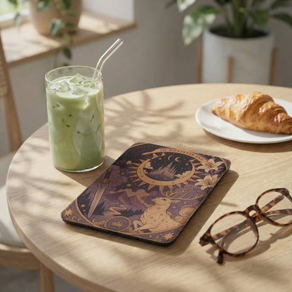 Book cover with celestial art of deer, castle, and crown, near croissant and iced matcha.