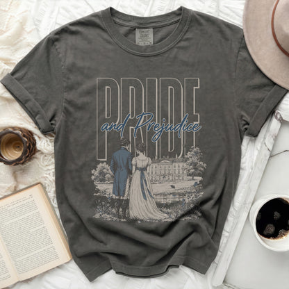 Comfort Colors t-shirt with "Pride and Prejudice" title and illustration.