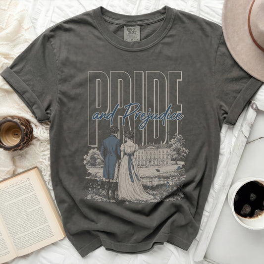 Comfort Colors t-shirt with "Pride and Prejudice" title and illustration.