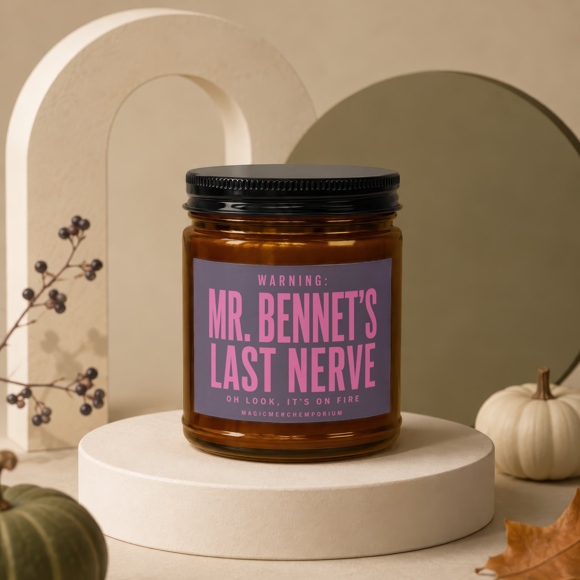 Amber jar candle with purple label reading "Mr. Bennet's Last Nerve".