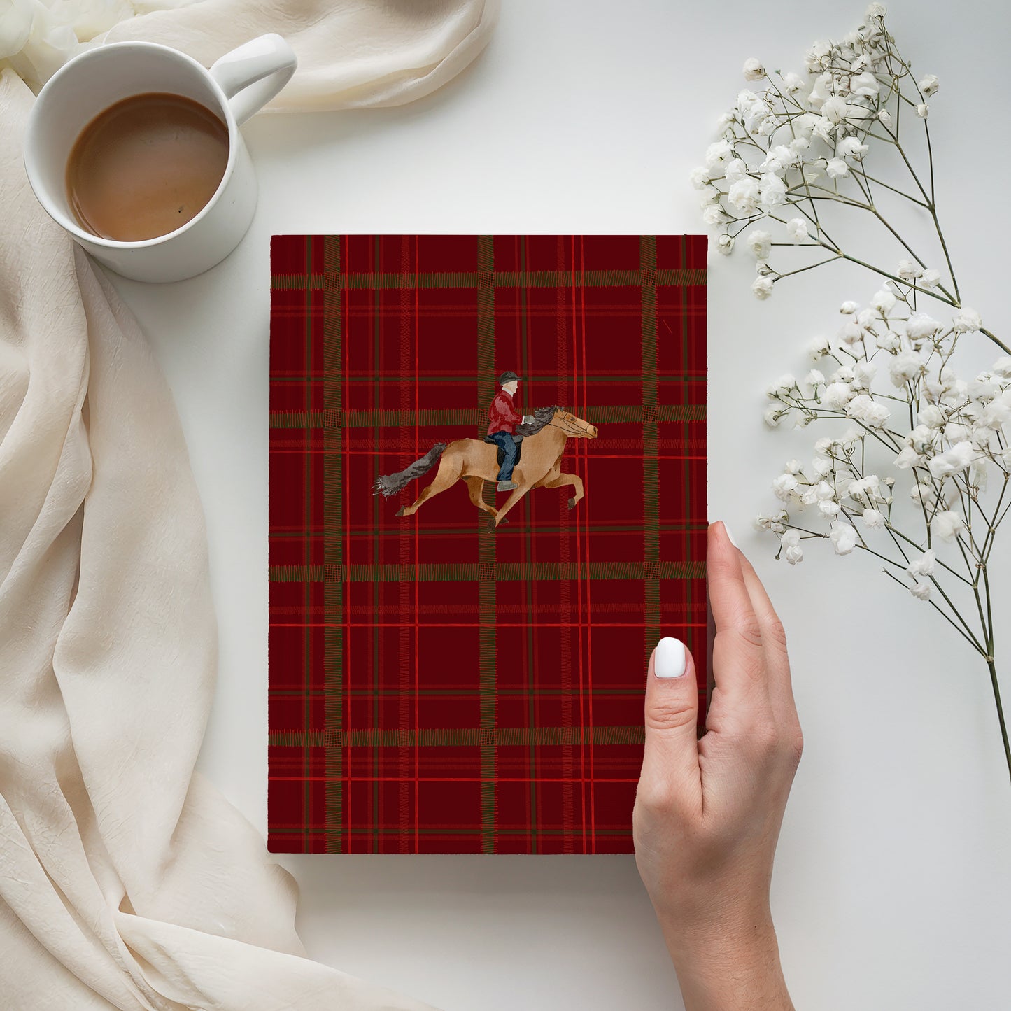 Red Plaid Notebook with Horse and Rider Design