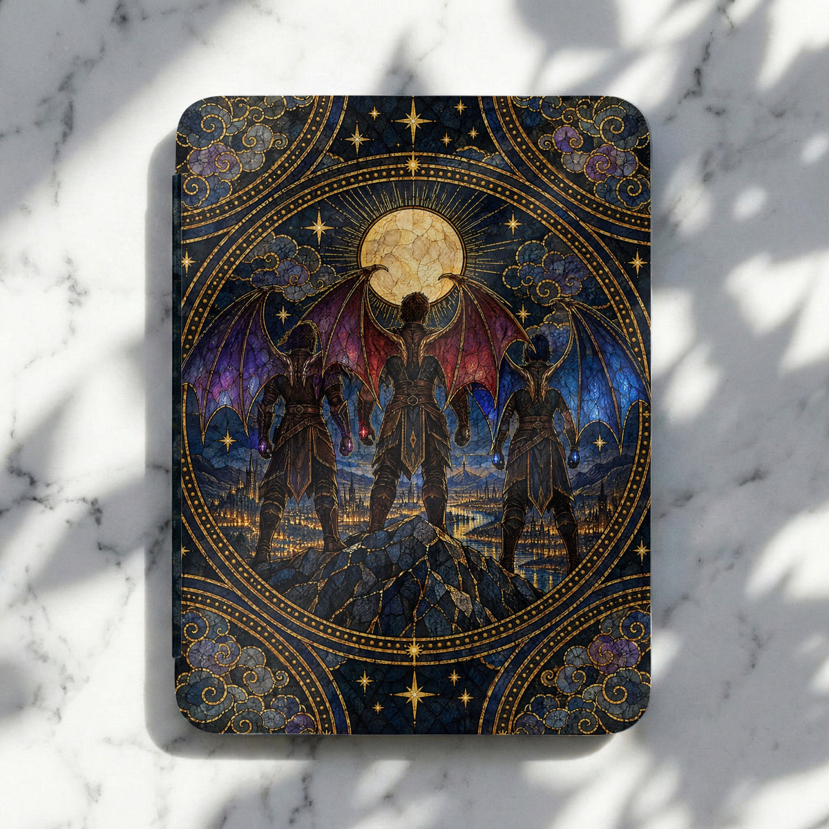 Protective e-reader case featuring a stained glass illustration of three winged figures standing on a mountain.