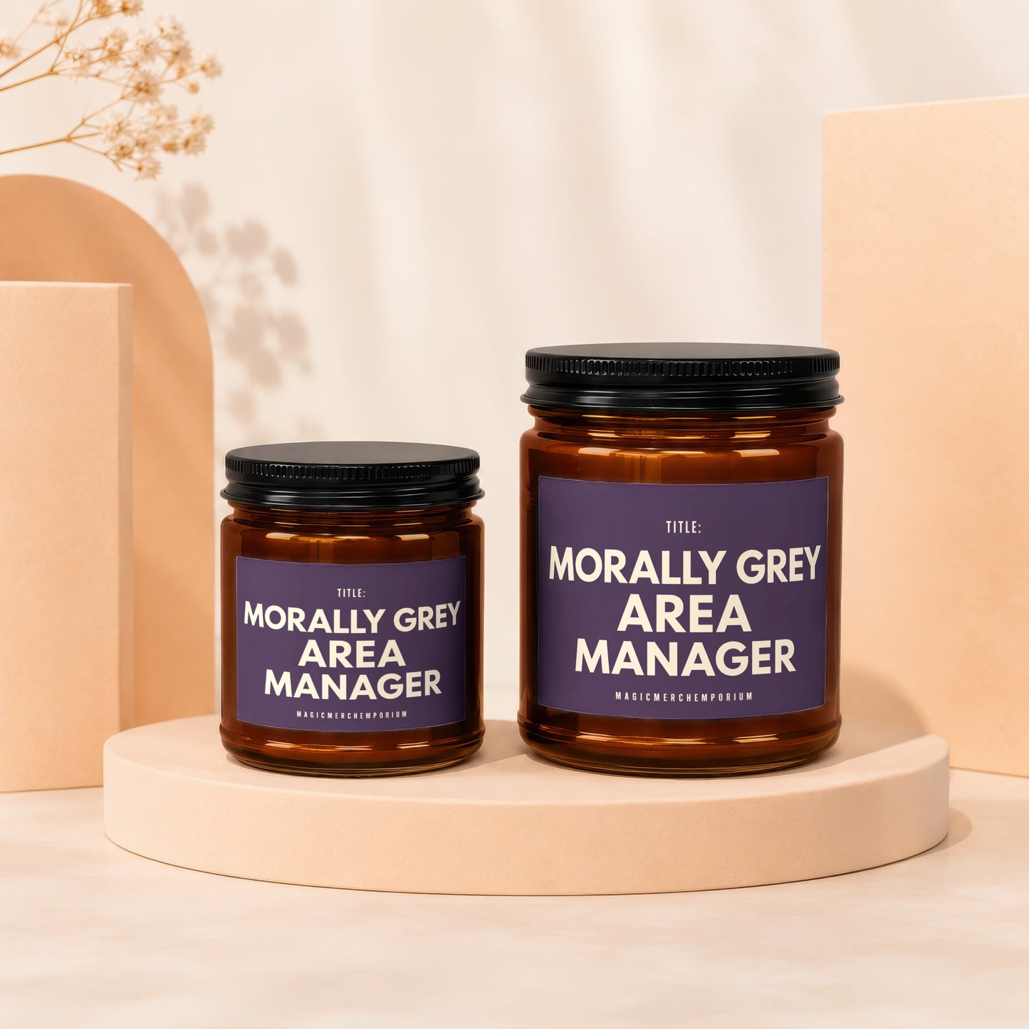 Amber jars with purple labels reading "Morally Grey Area Manager" on a light background.