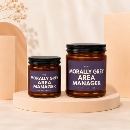 Amber jars with purple labels reading "Morally Grey Area Manager" on a light background.