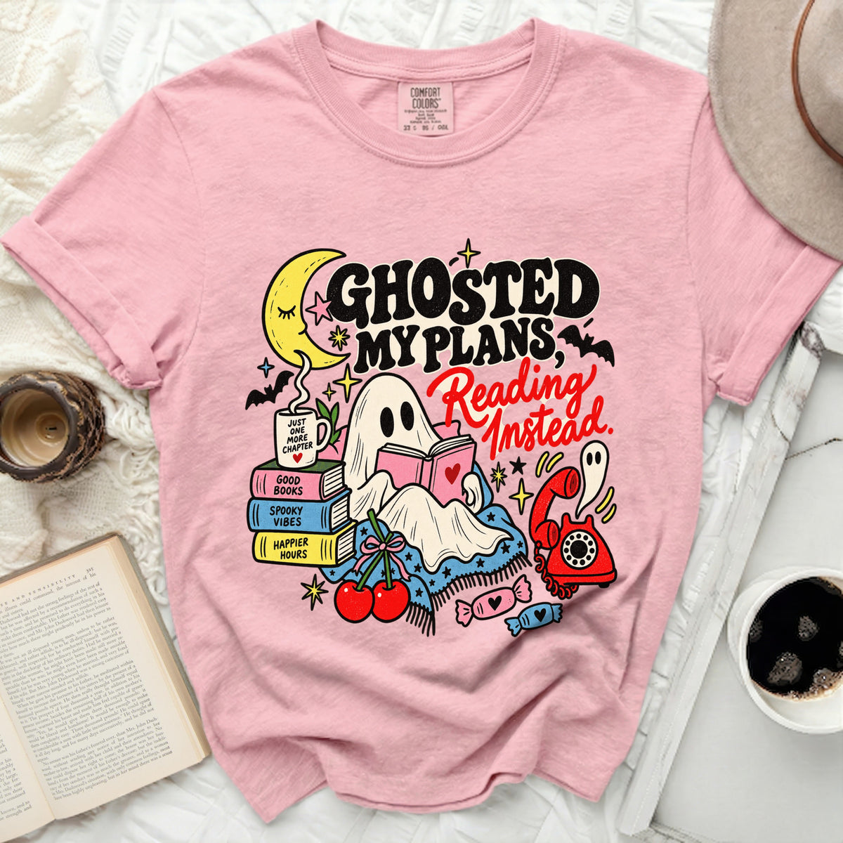 Ghosted my plans, reading instead ghost reading books with moon and bats.