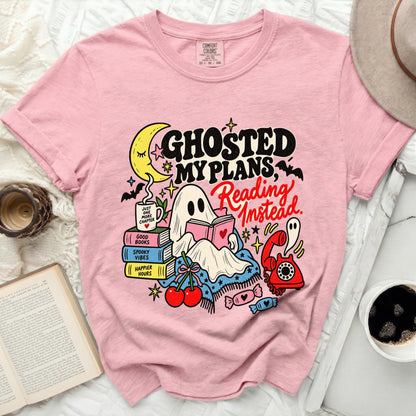 Ghosted my plans, reading instead ghost reading books with moon and bats.
