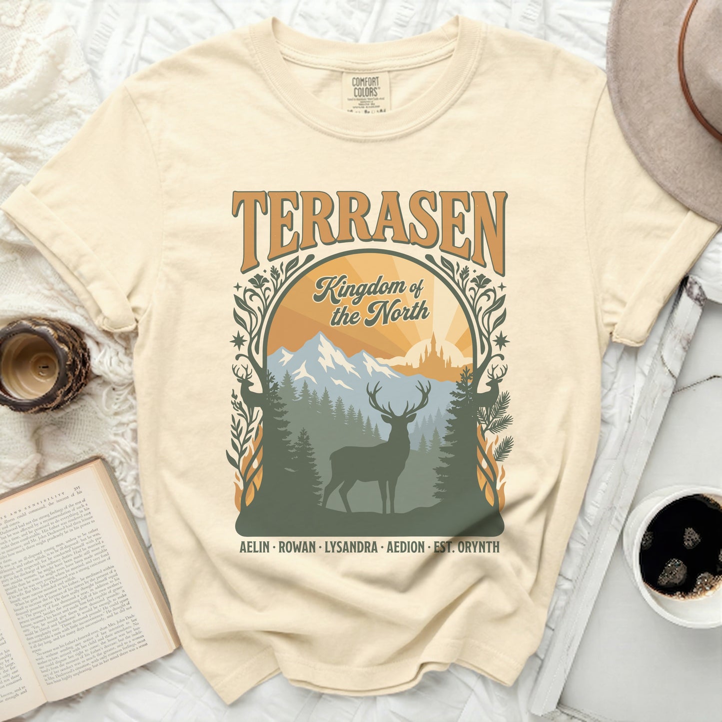 Terrasen Kingdom of the North graphic t-shirt with deer and mountains.