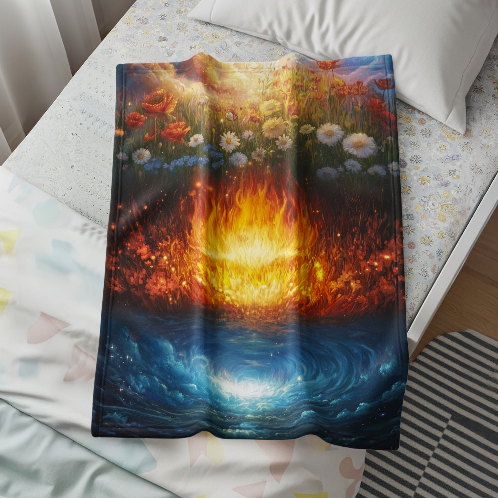 Vibrant Floral and Elemental Patterned Blanket