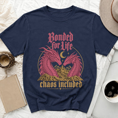 Navy t-shirt with pink dragons, castle, and text "Bonded for Life chaos included".