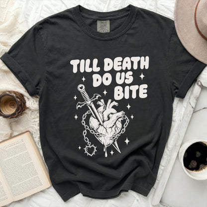 Black t-shirt with "Till Death Do Us Bite" and heart graphic.