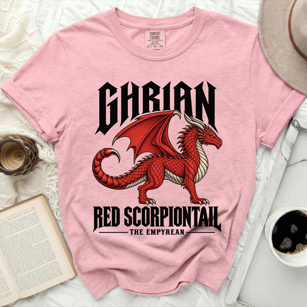 Pink t-shirt with "GHARIAN RED SCORPIONTAIL THE EMPYREAN" and red dragon graphic.