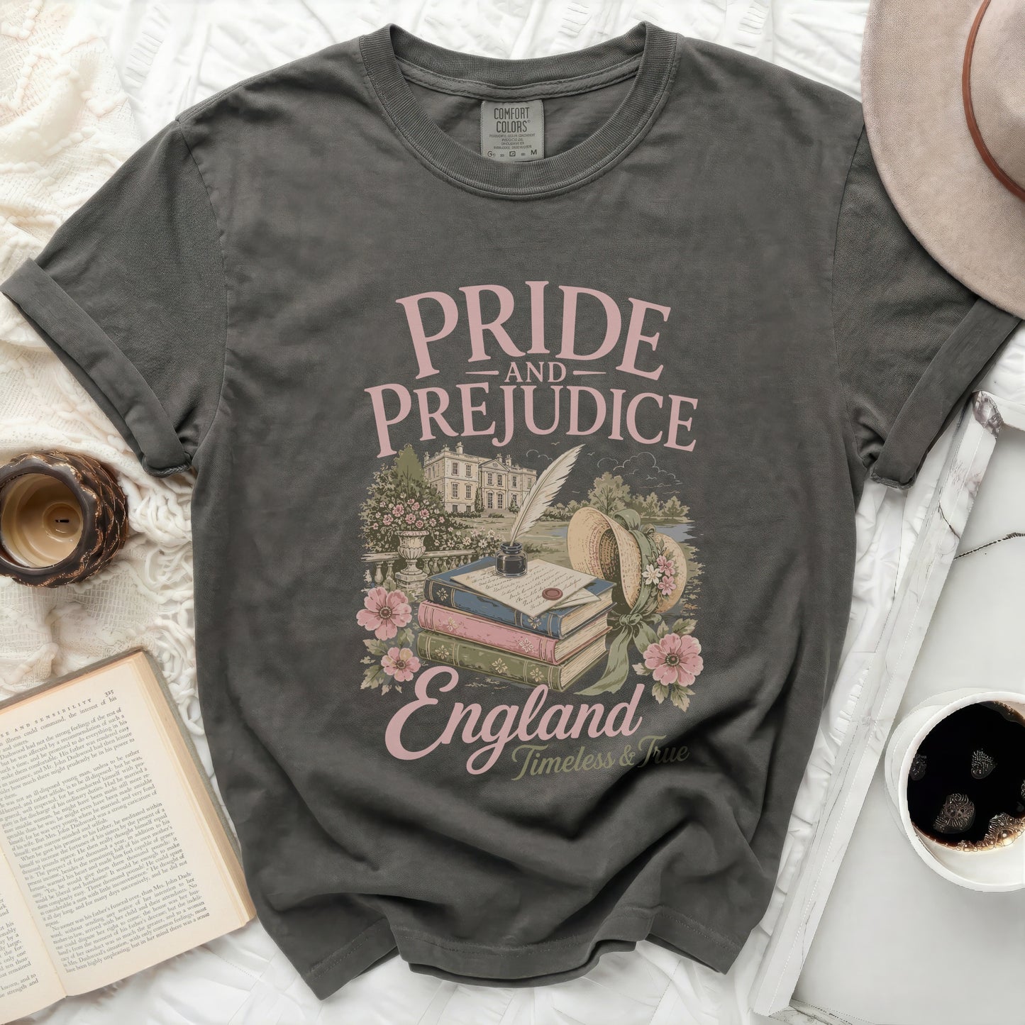 T-shirt with "Pride and Prejudice England Timeless & True" graphic and vintage illustration.