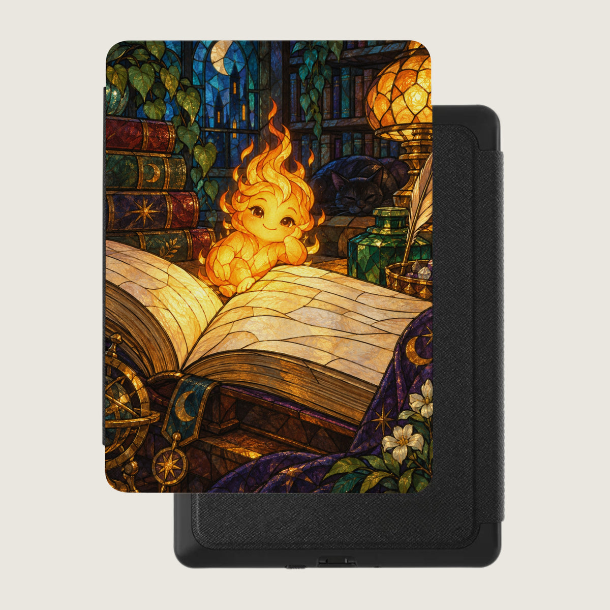 Cute fire elemental on an open book with a sleeping cat and a library.