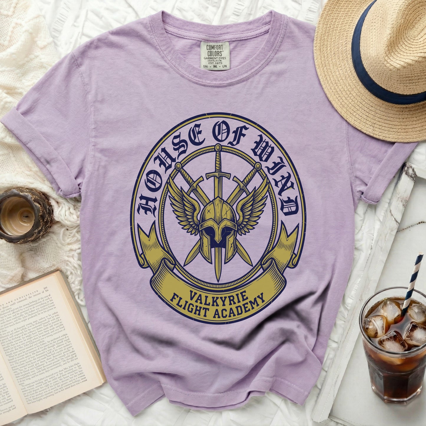 Lavender t-shirt with "House of Wind Valkyrie Flight Academy" graphic.