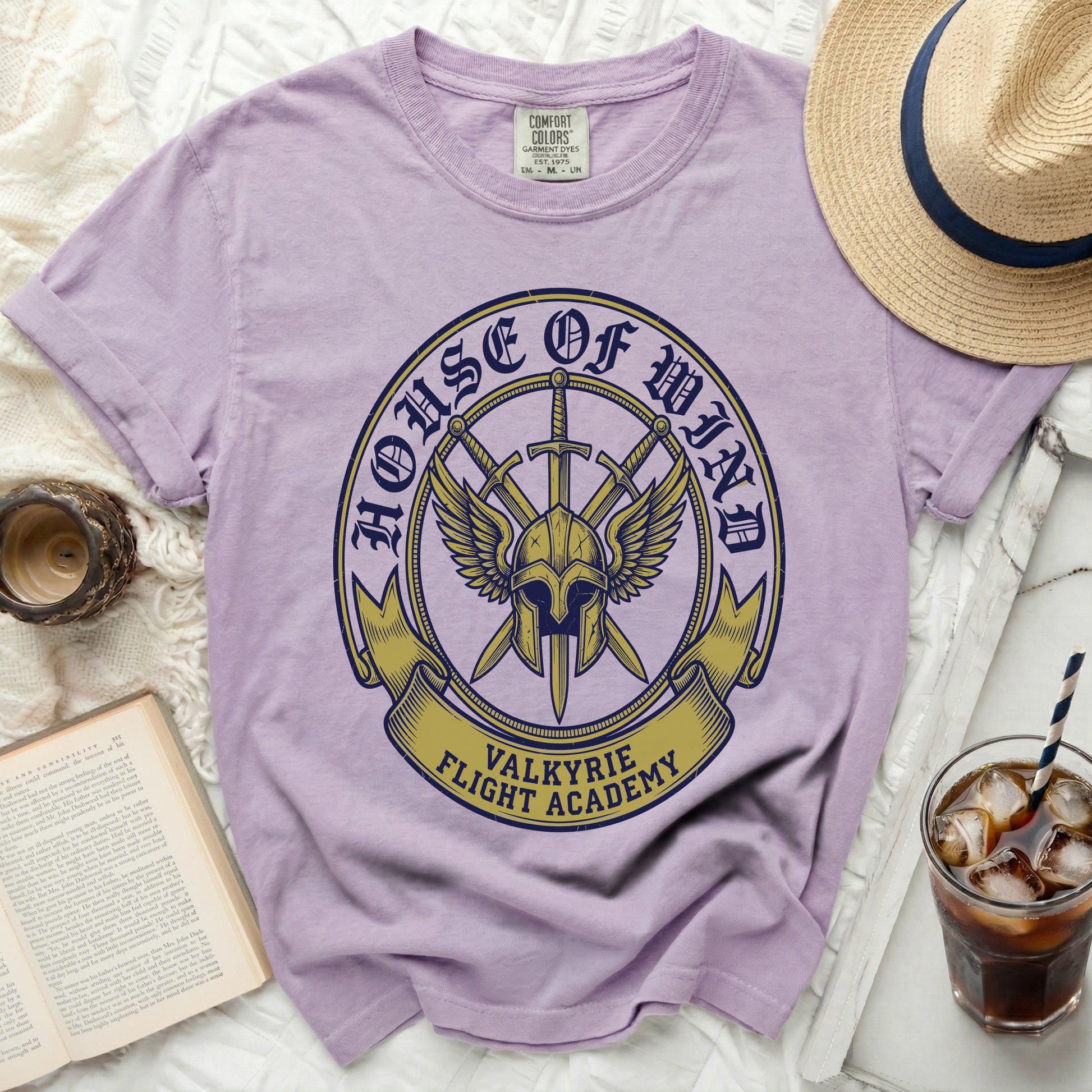 Lavender t-shirt with "House of Wind Valkyrie Flight Academy" graphic.