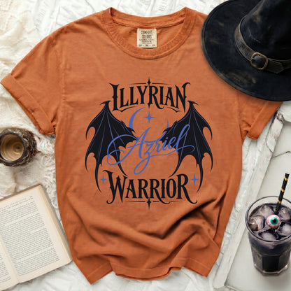 Orange t-shirt with "Illyrian Azriel Warrior" text and dragon wings.