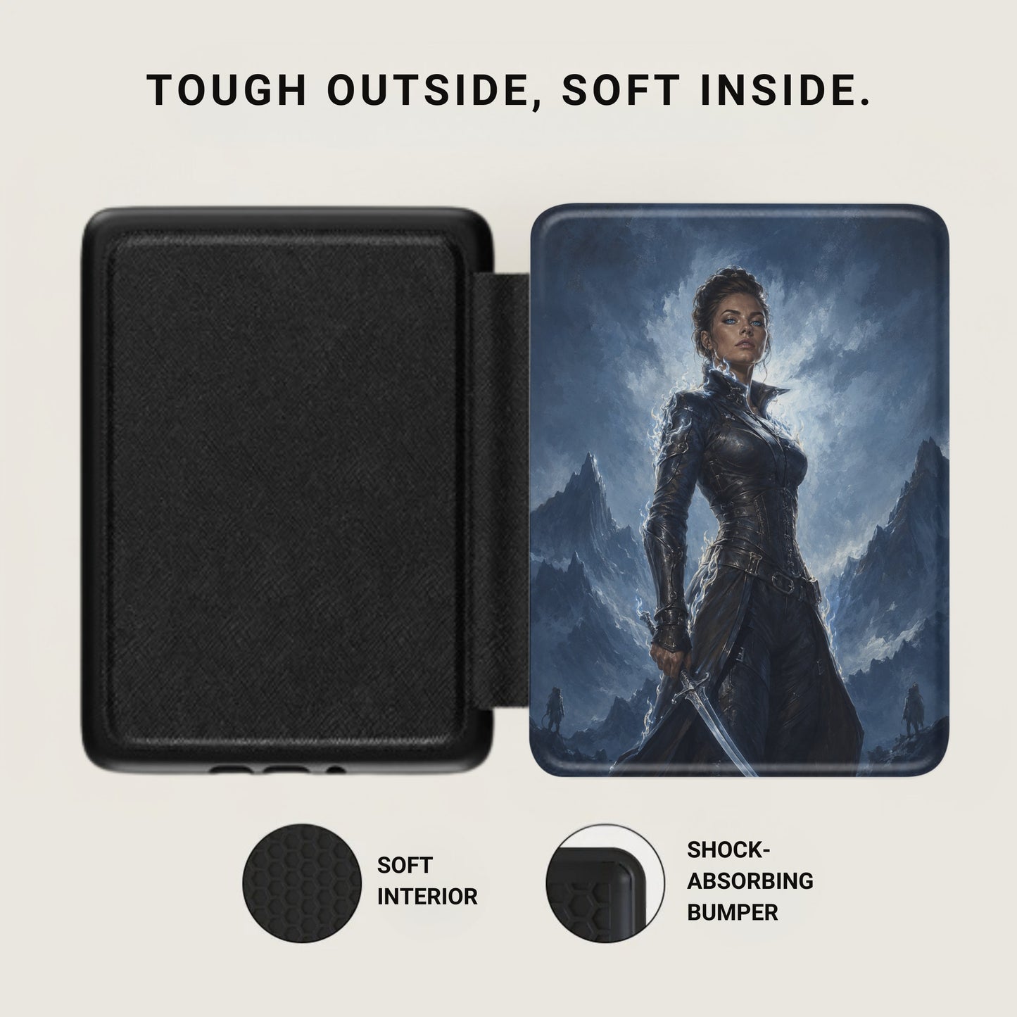 Black open book cover with a warrior woman illustration and text "TOUGH OUTSIDE, SOFT INSIDE."