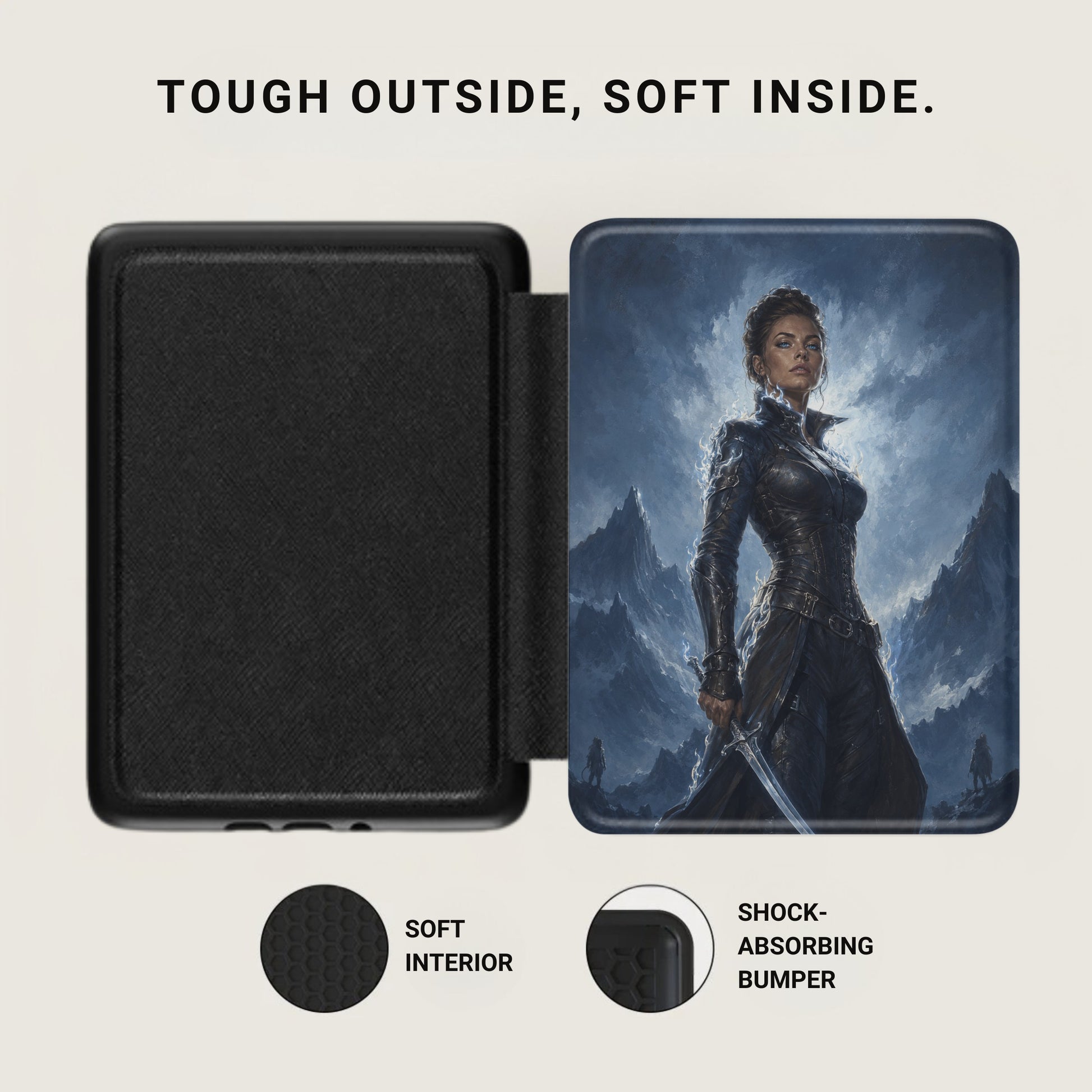 Black open book cover with a warrior woman illustration and text "TOUGH OUTSIDE, SOFT INSIDE."